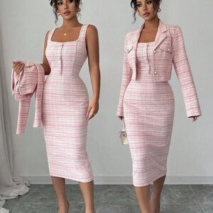 Chic Pink Tweed Dress and Jacket Set